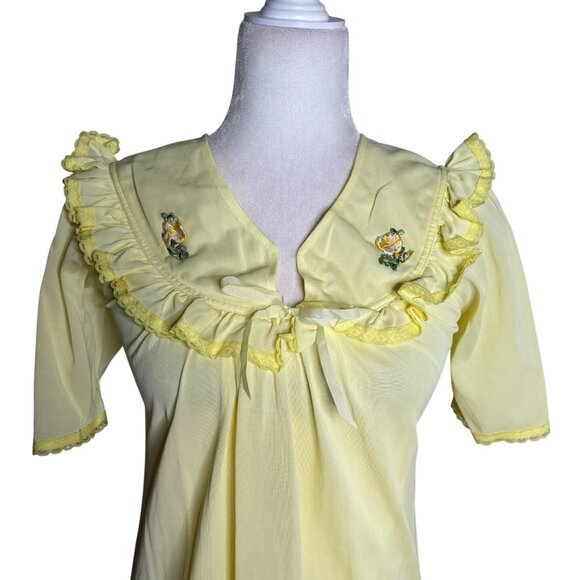 Vintage Nylon Nightgown Ruffled Collar Small Yellow Floral Embroidery Maxi - Picture 2 of 10